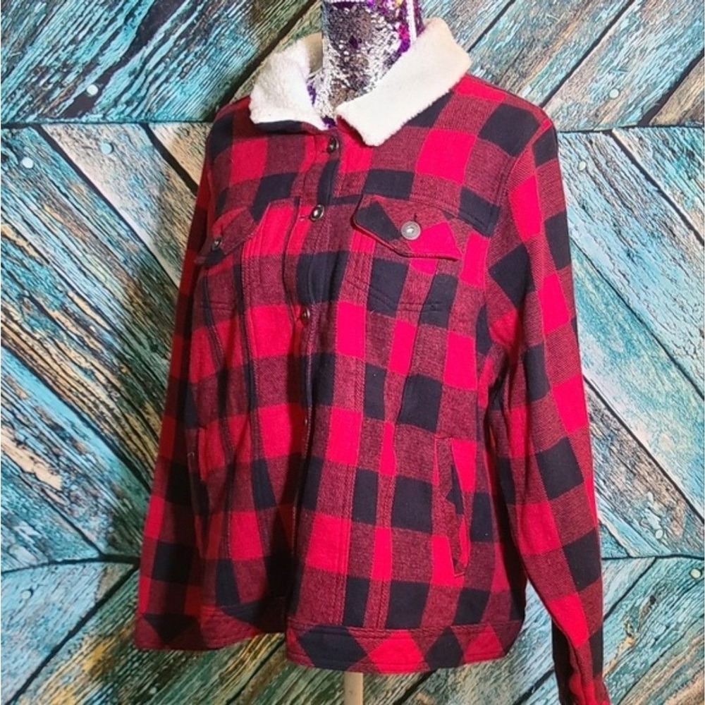 Cabincore Buffalo Plaid Sherpa Trucker Jacket Torrid M/L Red Black Cozy NWT